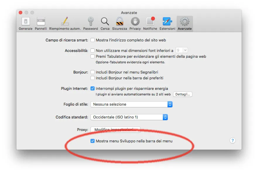 Menu Sviluppo in Safari