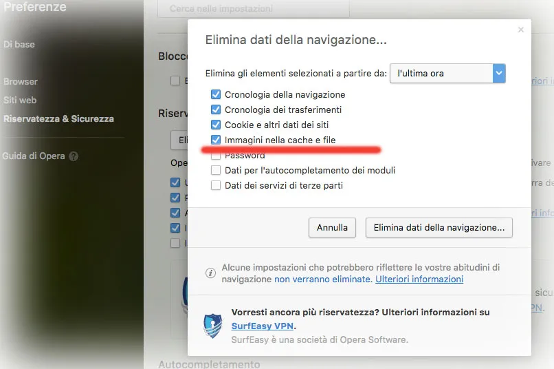 Cancellare la cache di Opera