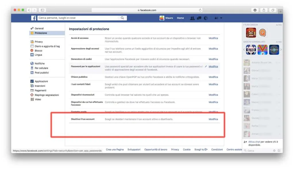 cancellare account facebook