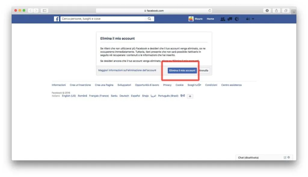 Eliminare l'account Facebook