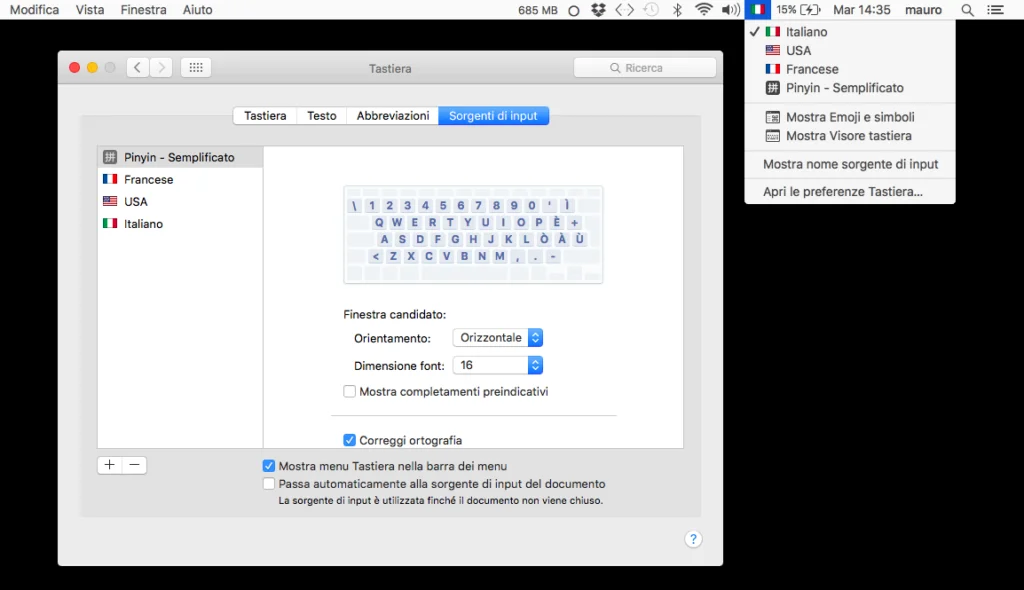 L'opzione "Sorgenti di input" in OS X 10.11 El Capitan