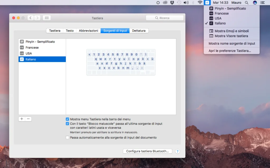L'opzione "Sorgenti di input" nell'ultima beta di macOS Sierra