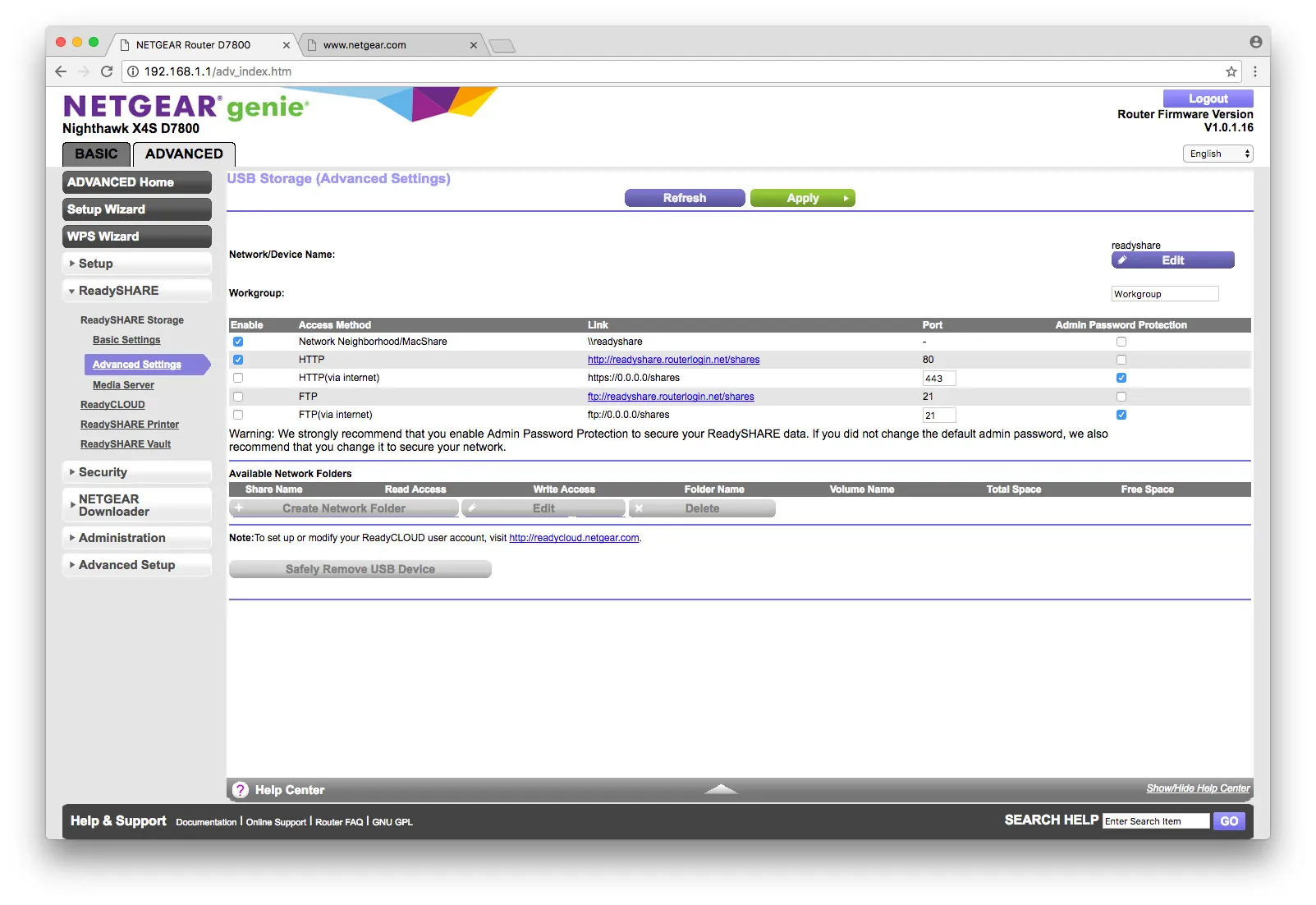 d78007 Esempio dell'interfaccia utente grafica USB Archiviazione / Storage di un router Netgear