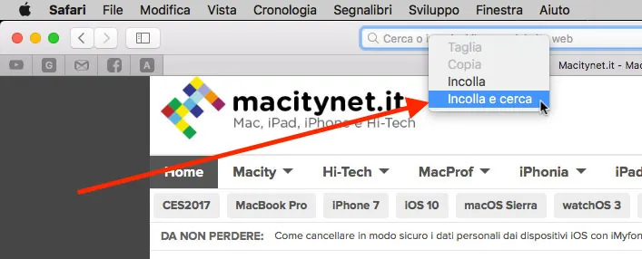 Incolla e cerca Safari macos 10.12.4