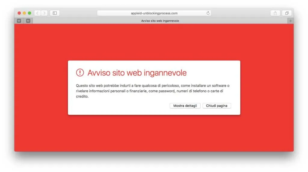 Alcuni siti ingannevoli sono identificati automaticamente da Safari