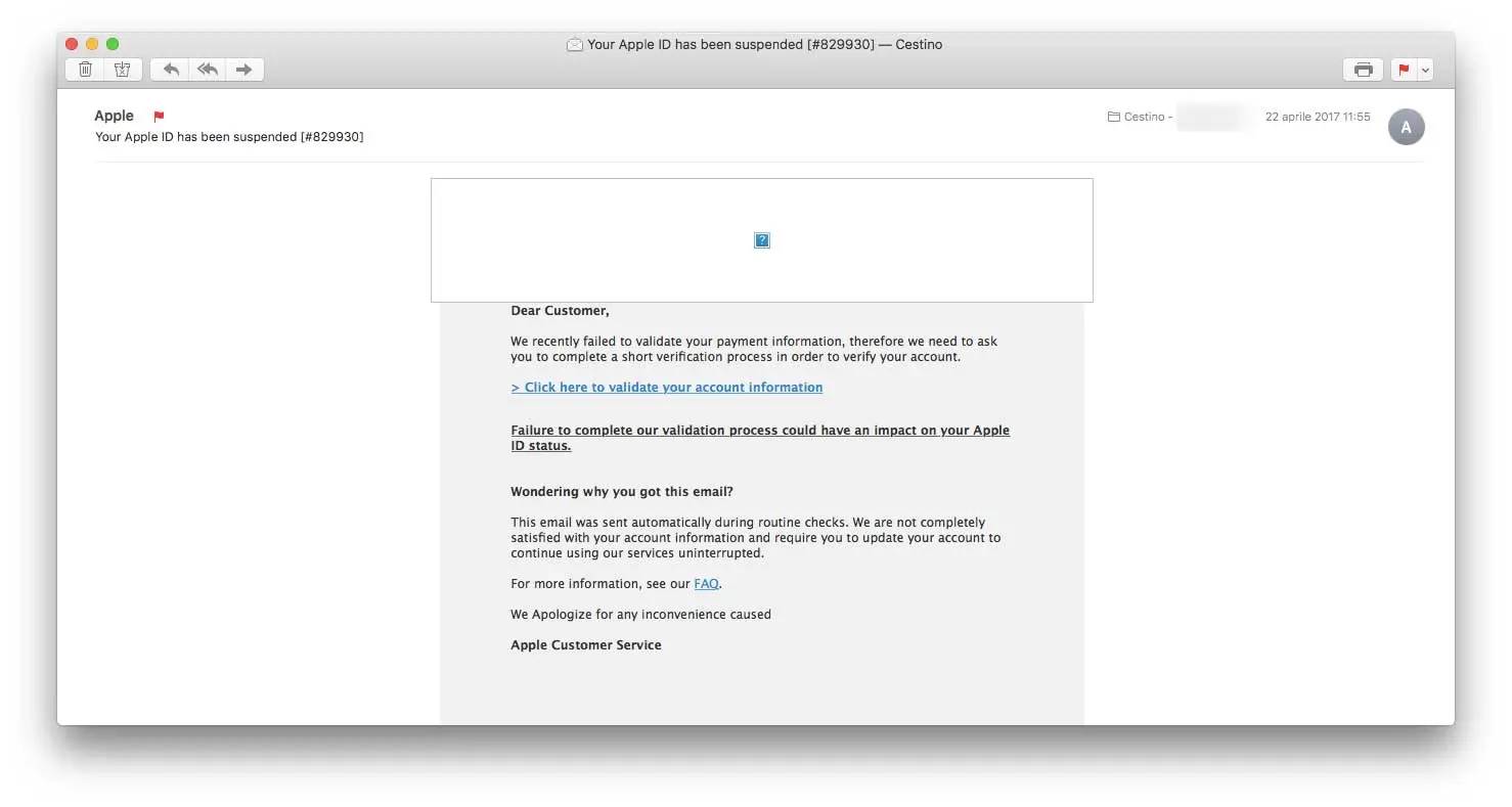 Altro tentativo di phishing: l'email SEMBRA provenire da Apple ma in realtà non è così e il sito sul qule si viene dirottati non ha nulla a che fare con Apple.