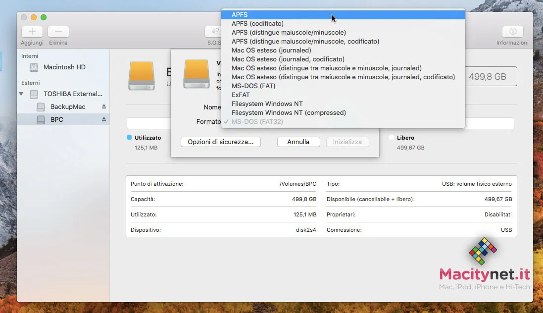 Inizializzazione partizione in APFS