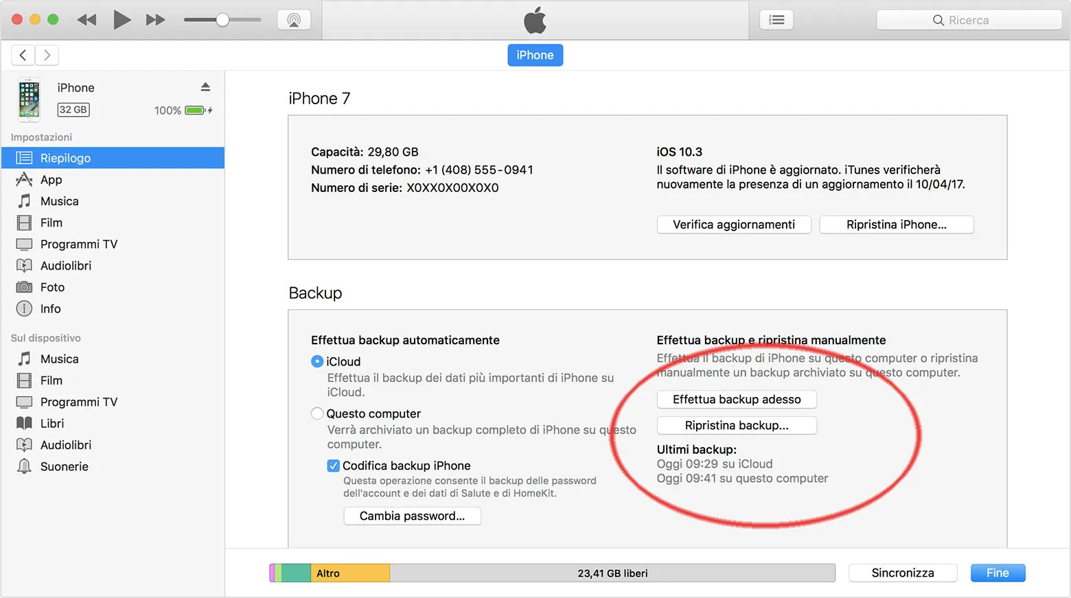 fare il backup di iPhone con itunes