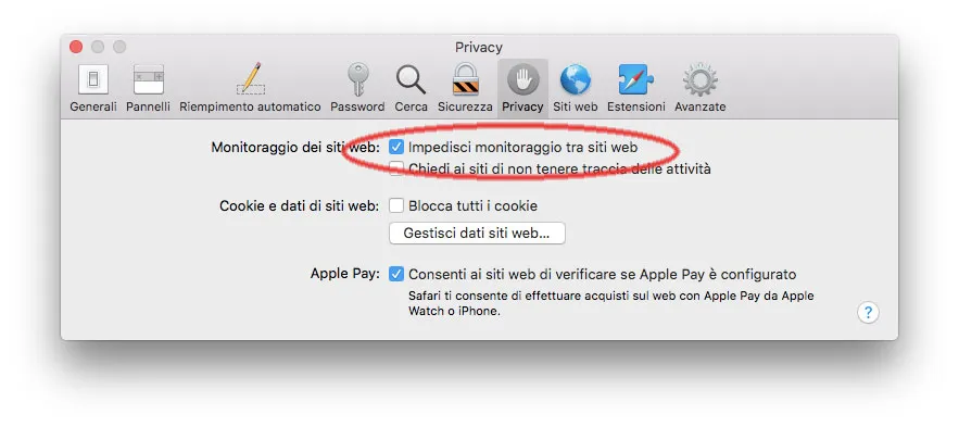 Nuova prefenza che blocca in monitoraggio tra siti web in Safari per macOS 10.13 High Sierra
