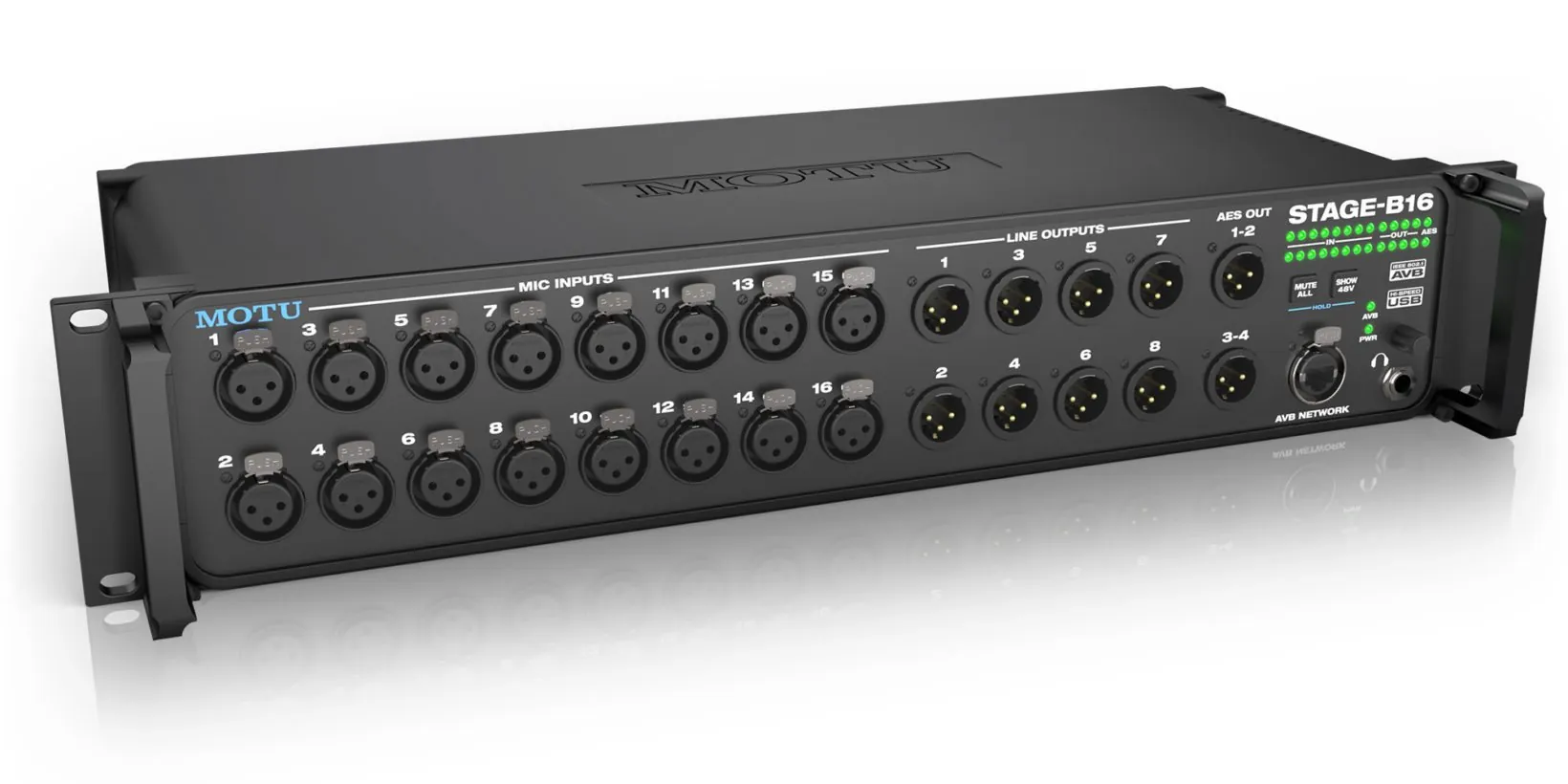 Motu STAGE-B16 è tre prodotti in uno: stage box, mixer stand-alone e interfaccia audio. Può connettersi a computer host attraverso via rete o USB.