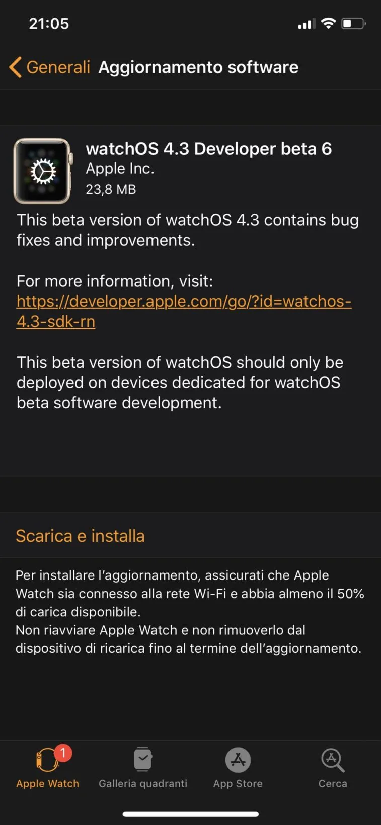 Sesta beta di watchOS 4.3