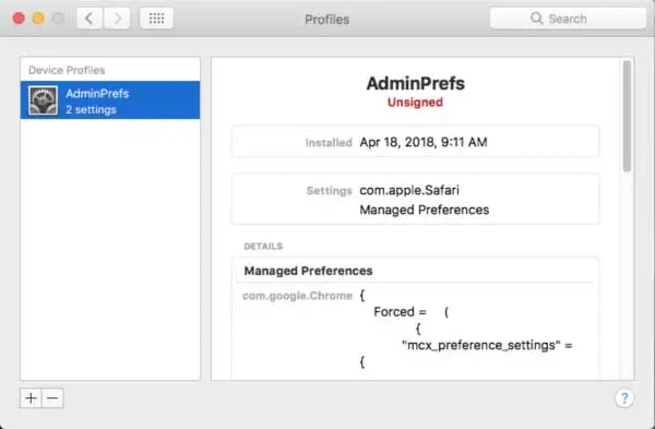 Il profilo di configurazione installato dal finto Flash Player