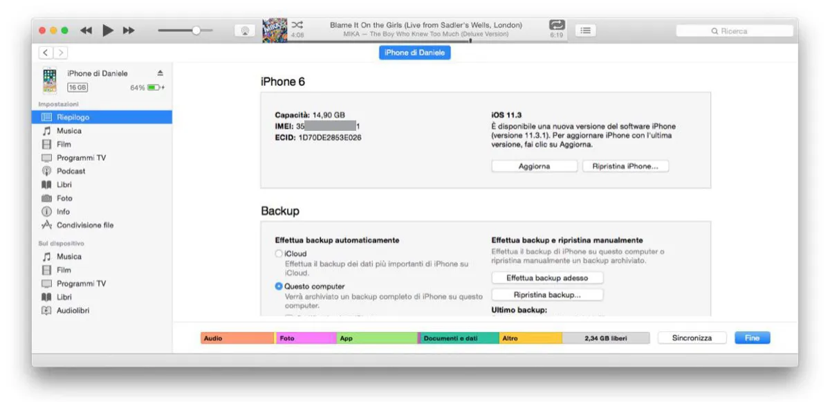 codice imei su itunes
