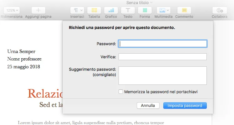 Impostare una password in Pages