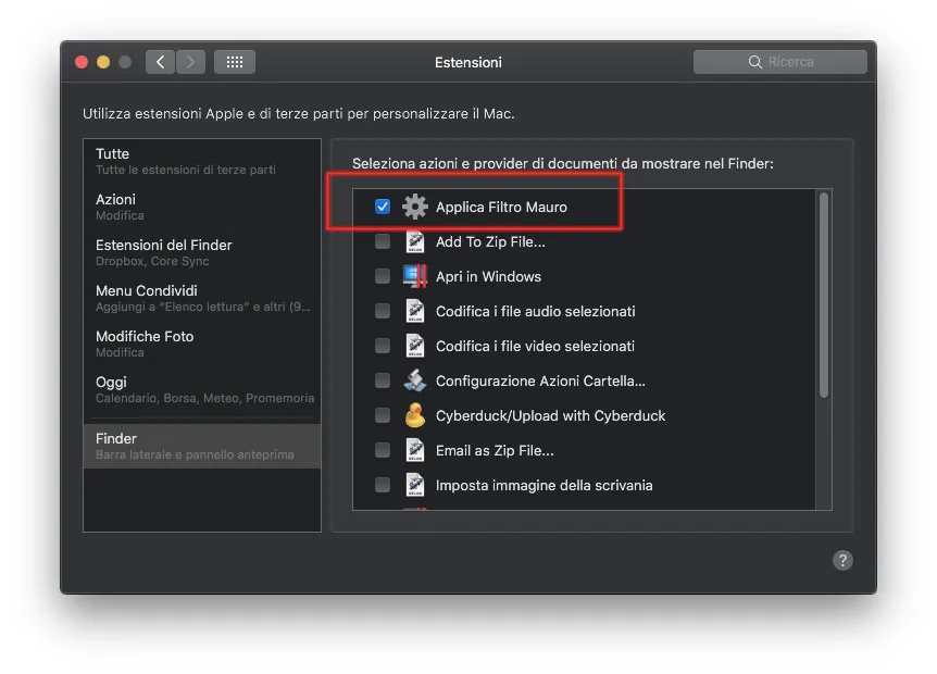 Undici segreti di macOS Mojave Esempio di estensioni che è possibile mostrare nel Finder (richiamare con il pulsante destro del mouse selezionando ad esempio un file o una cartella)