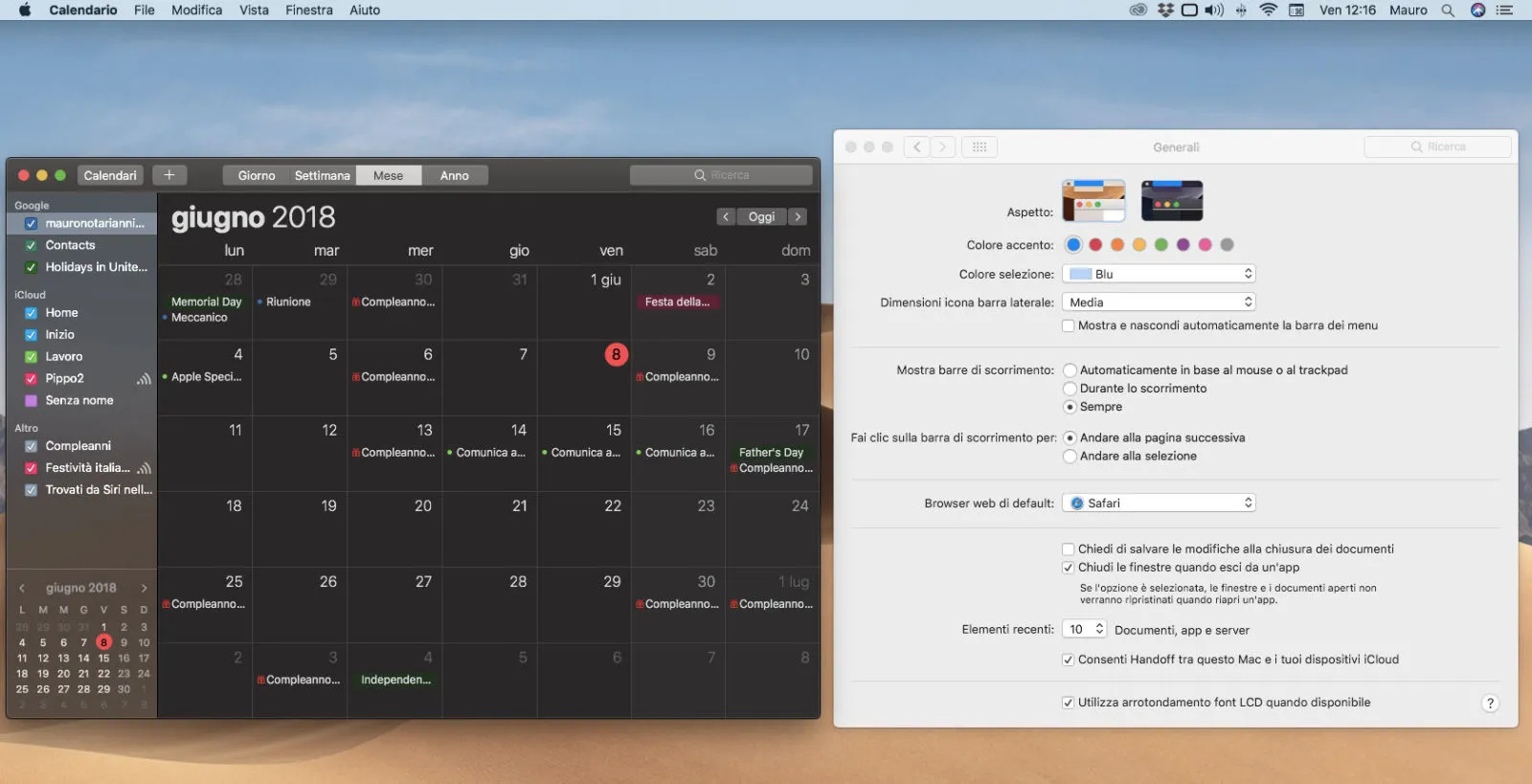 L'applicazione Calendario con l'effetto Dark