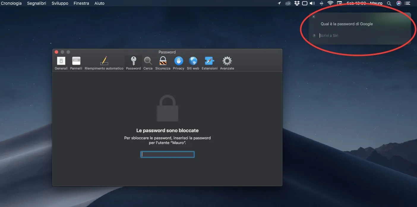 Dieci segreti di macOS Mojave Chiedere password a siri