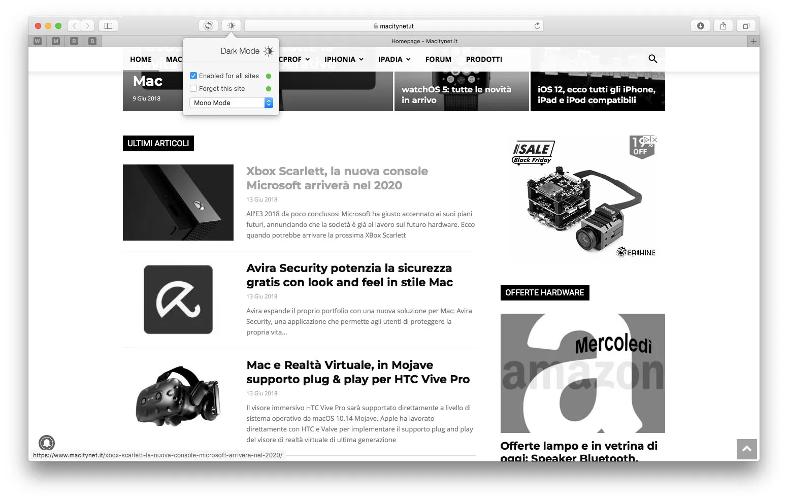 Dark Mode, un’estensione Safari per far diventare scuri o in bianco e nero i siti web Safari Dark Mode -tonalità grigio