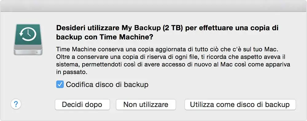 Esempio di messaggio che appare quando si collega un nuovo disco al Mac