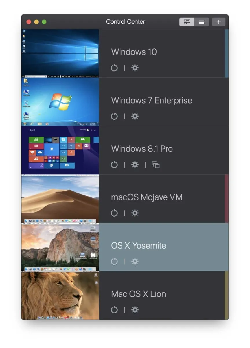 Control Center in Parallels Desktop 14 su macOS Mojave con la Dark Mode attiva Control Center in Parallels Desktop 14 su macOS Mojave con la Dark Mode attiva