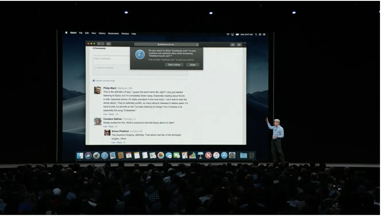 Craig Federighi, Senior Vice President Software Engineering di Apple, spiega la funzione Intelligent Tracking Prevention che aiuta a impedire ai pulsanti “Mi piace” o “Condividi” dei social media e ai widget di commento di tracciare gli utenti senza la loro autorizzazione. Foto: Rob Pegoraro / The Parallax