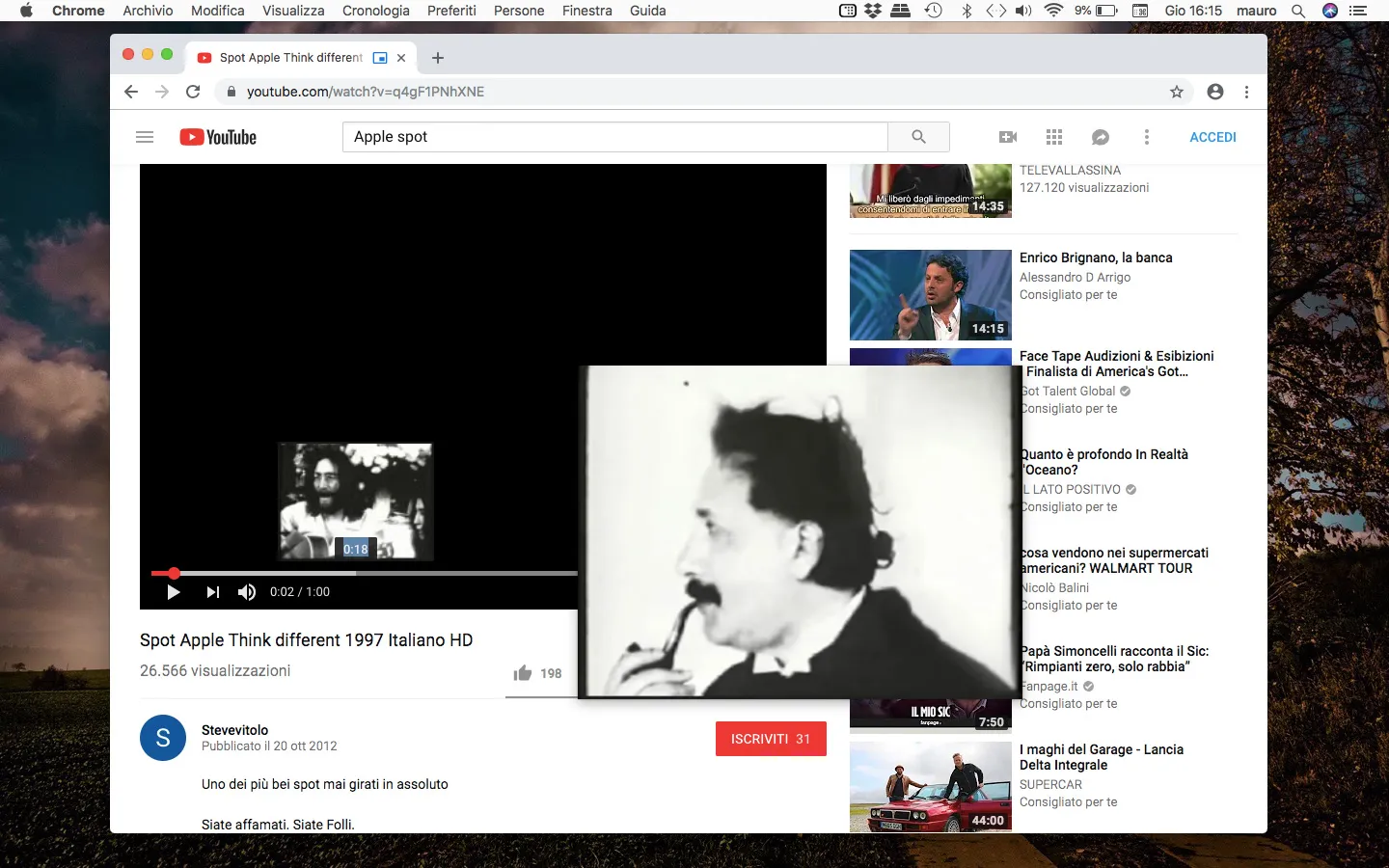 Chrome 69 ora permette di vedere i video con il Picture in Picture Comando Picture-in-picture in Chorme