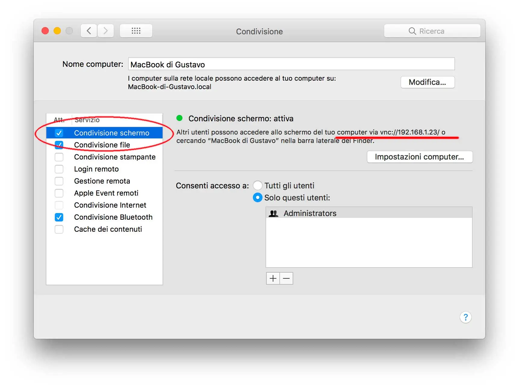 Le opzioni che consentono di ottenere la Condivisione dello schermo