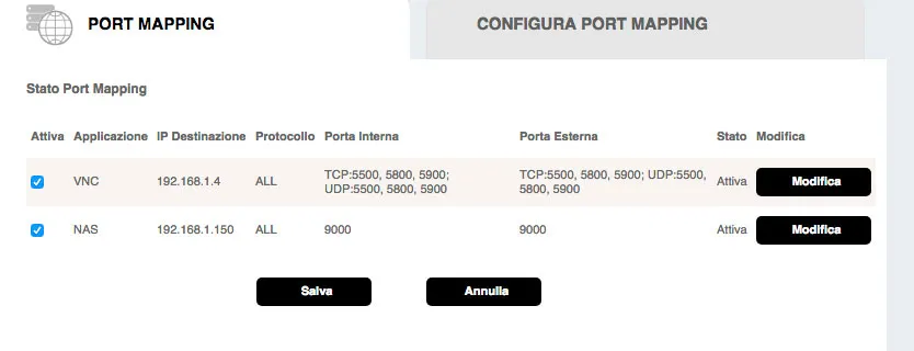 Esempio di schermata configurazione del port mapping su un router