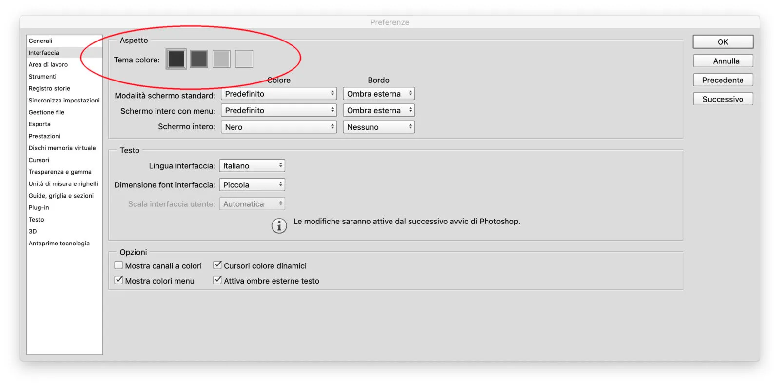 L'opzione "Tema colore" in Photoshop