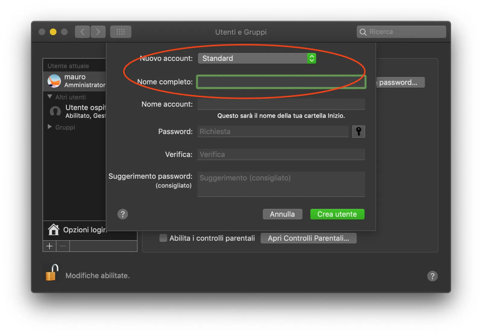 Il sistema per abilitare due account, un amministratore e uno standard Il sistema per abilitare due account, un amministratore e uno standard