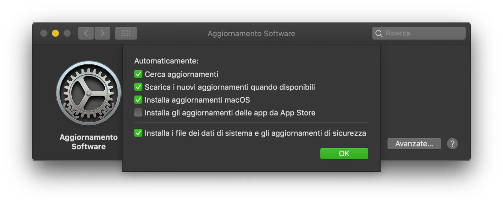 Il pannello di aggiornamento del sistema operativo Il pannello di aggiornamento del sistema operativo