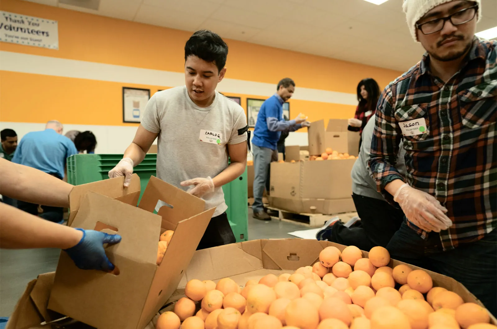 Volontari di Apple ripongono in una scatola delle arance presso la Second Harvest Food Bank di San Jose (California), organizzazione che contrasta lo spreco alimentare