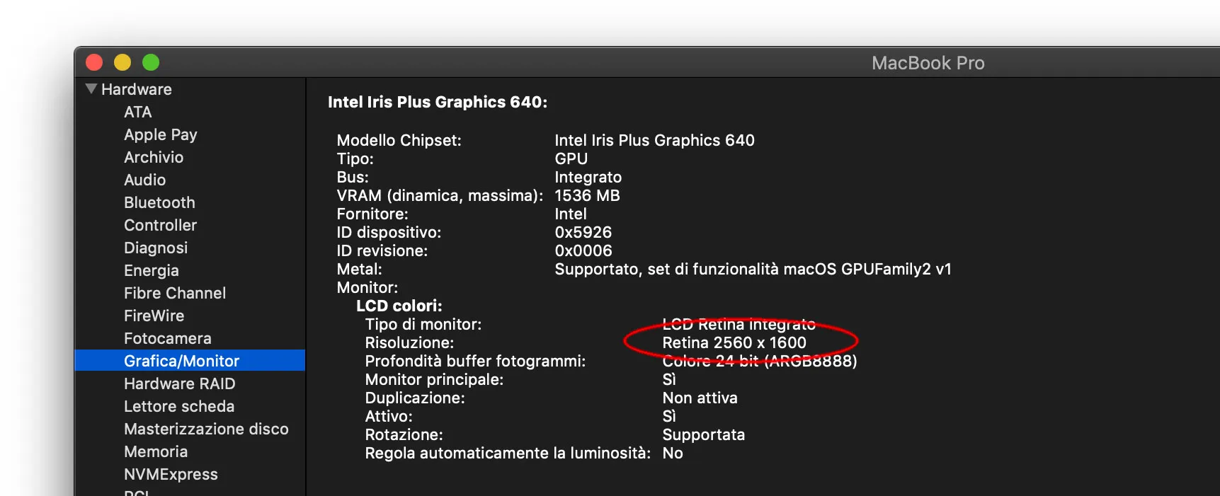 Come cambiare l’immagine della schermata di login in macOS Mojave Usando L'utility Resoconto di Sistema è possiible individuare la risoluzione massima del display.
