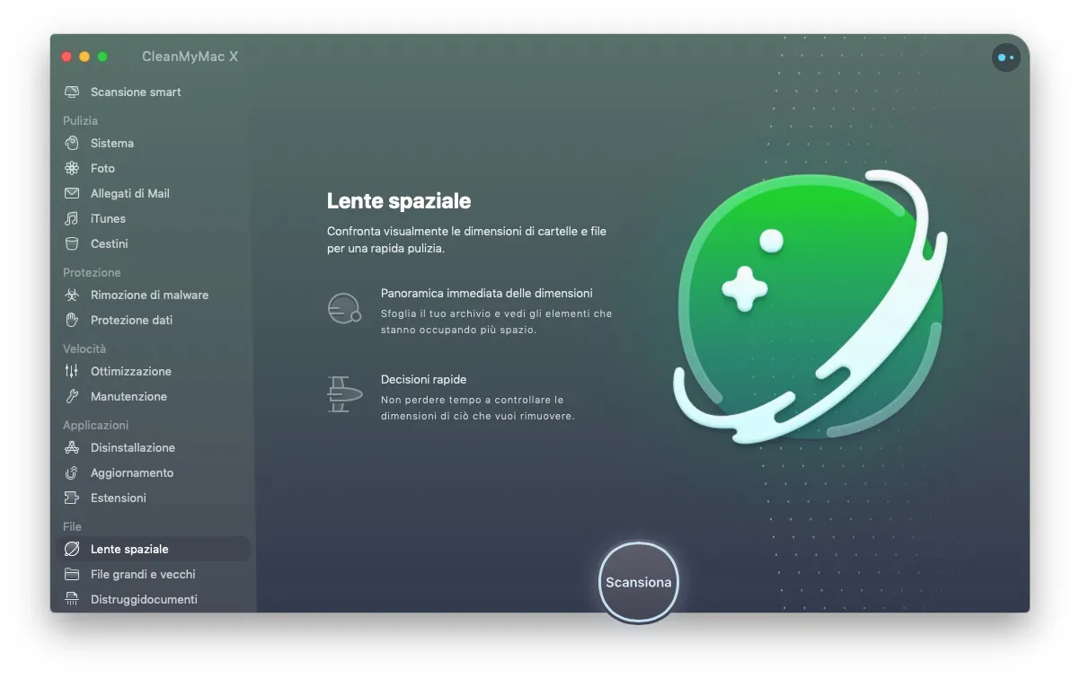Con la Lente Spaziale d Clean My Mac X i grandi file da cancellare sono a portata di mano