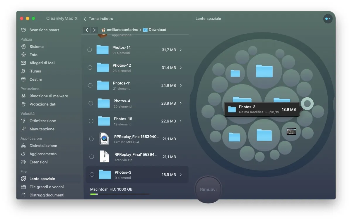 Con la Lente Spaziale d Clean My Mac X i grandi file da cancellare sono a portata di mano