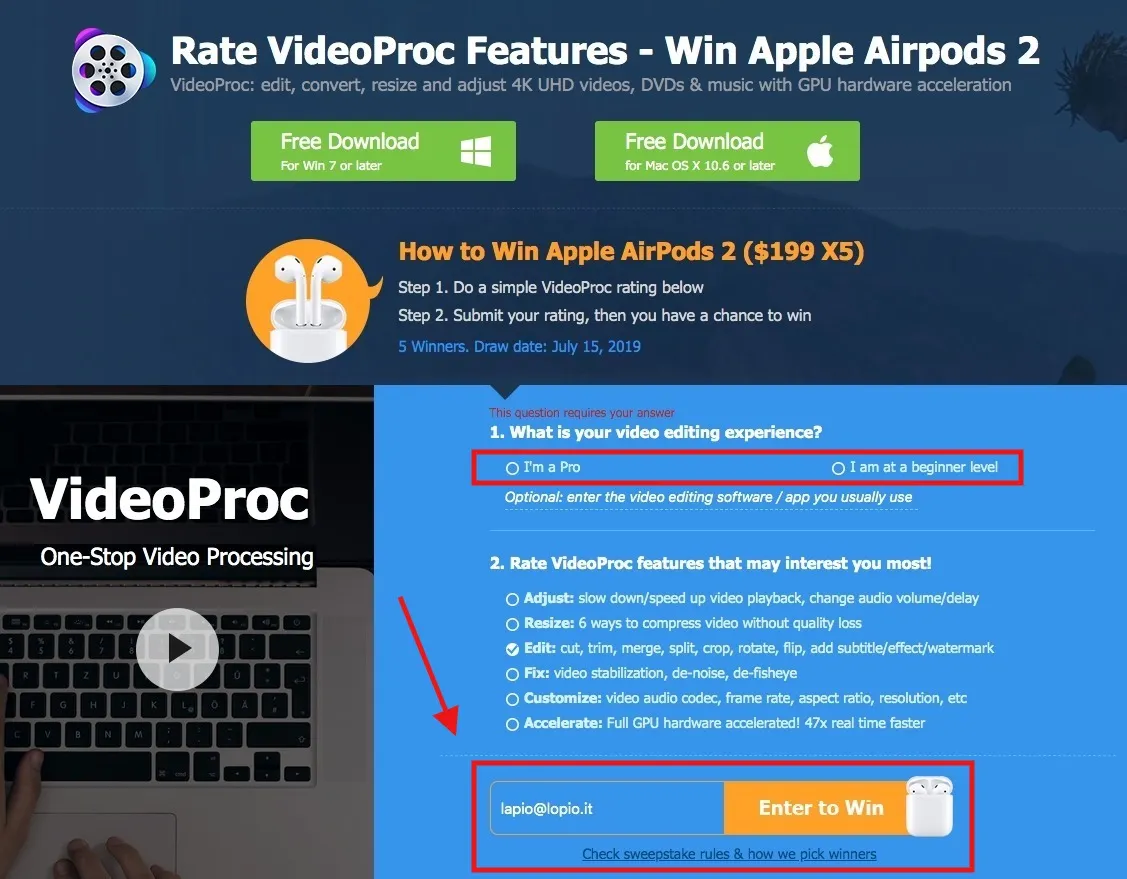 Vinci una top action camera e ottieni una licenza gratis di VideoProc per Mac
