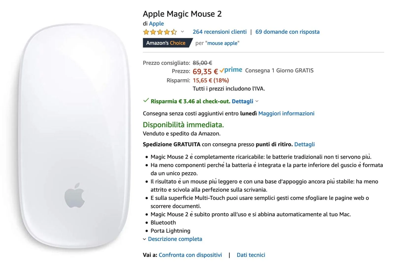 Magic Mouse 2 al prezzo più basso su Amazon: 65,88€ Magic Mouse 2 al prezzo più basso su Amazon: 65,88€