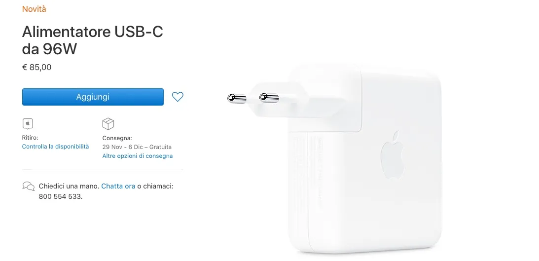 alimentatore Apple USB-C da 96W per macbook pro 16 pollici