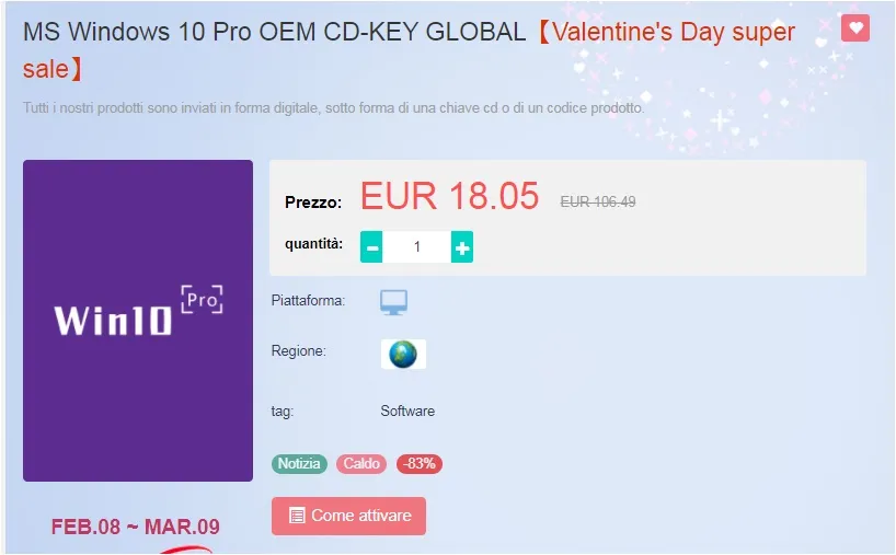 Licenza a vita di Windows 10 Pro a soli € 11, Office a 22€, sconti fino al 91% per San Valentino