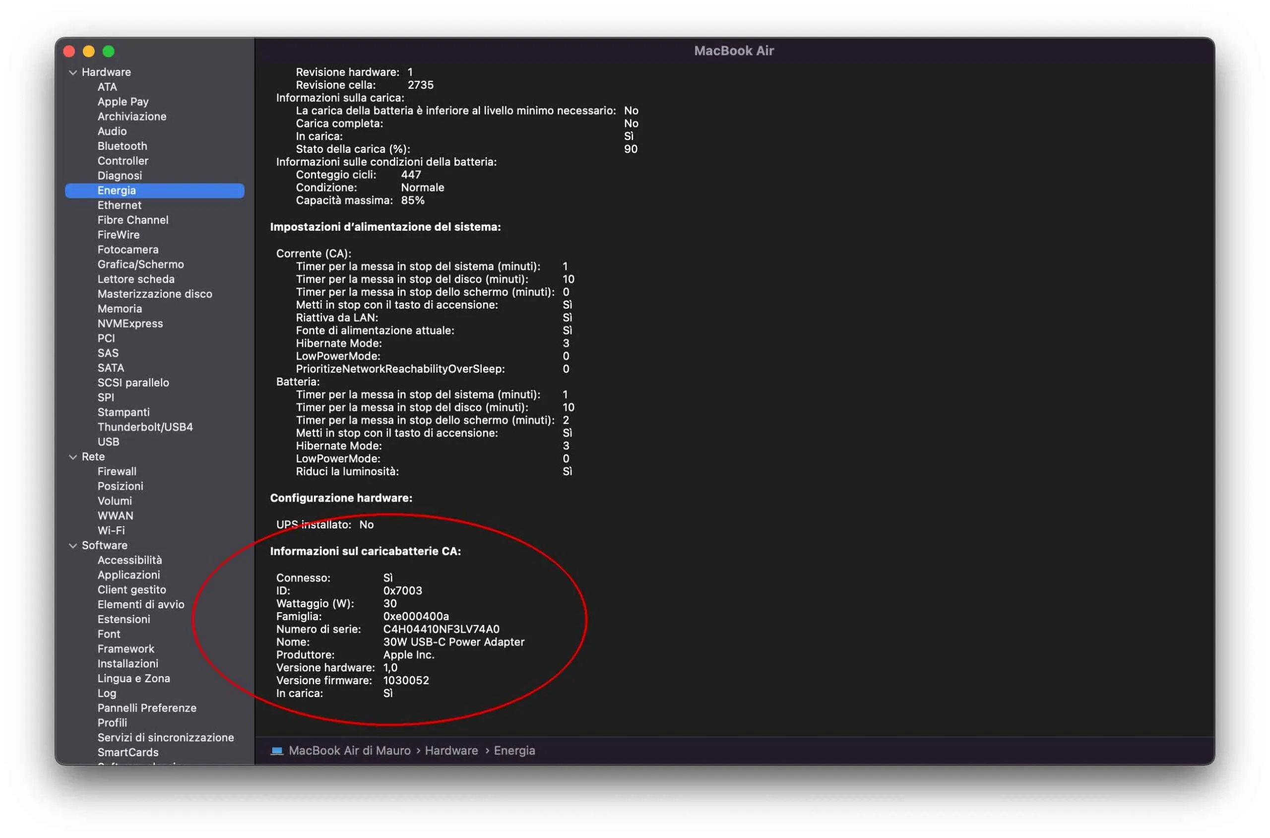 Come ricavare dettagli sull’alimentatore del MacBook