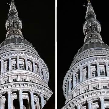 A sinistra, iPhone 14 Pro mostra un miglior dettaglio ma anche una immagine artificialmente incisa