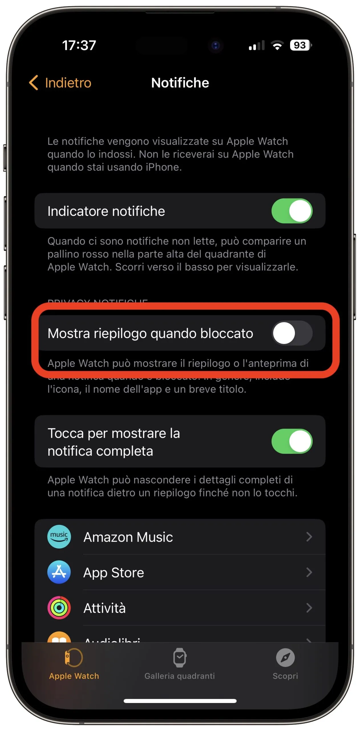 Gestire le notifiche di Apple Watch