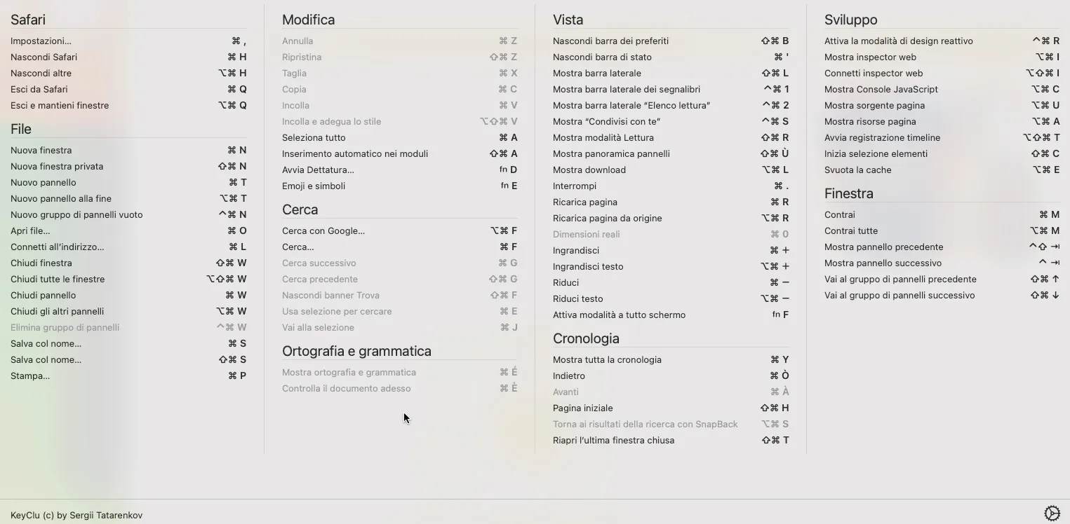 KeyClu, utility gratuita Mac per visualizzare le scorciatoie di tastiera delle app KeyClu, utility gratuita Mac per visualizzare le scorciatoie di tastiera delle app