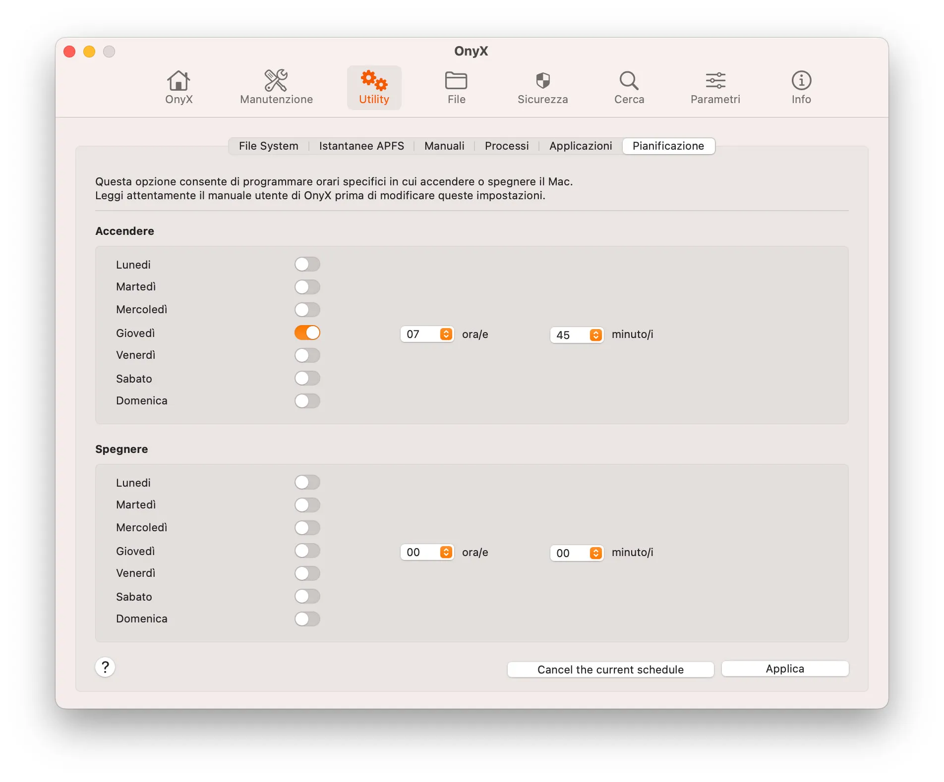 Onyx ripristina la funzione che consente di programmare accensione e spegnimento del Mac Onyx ripristina la funzione che consente di programmare accensione e spegnimento del Mac
