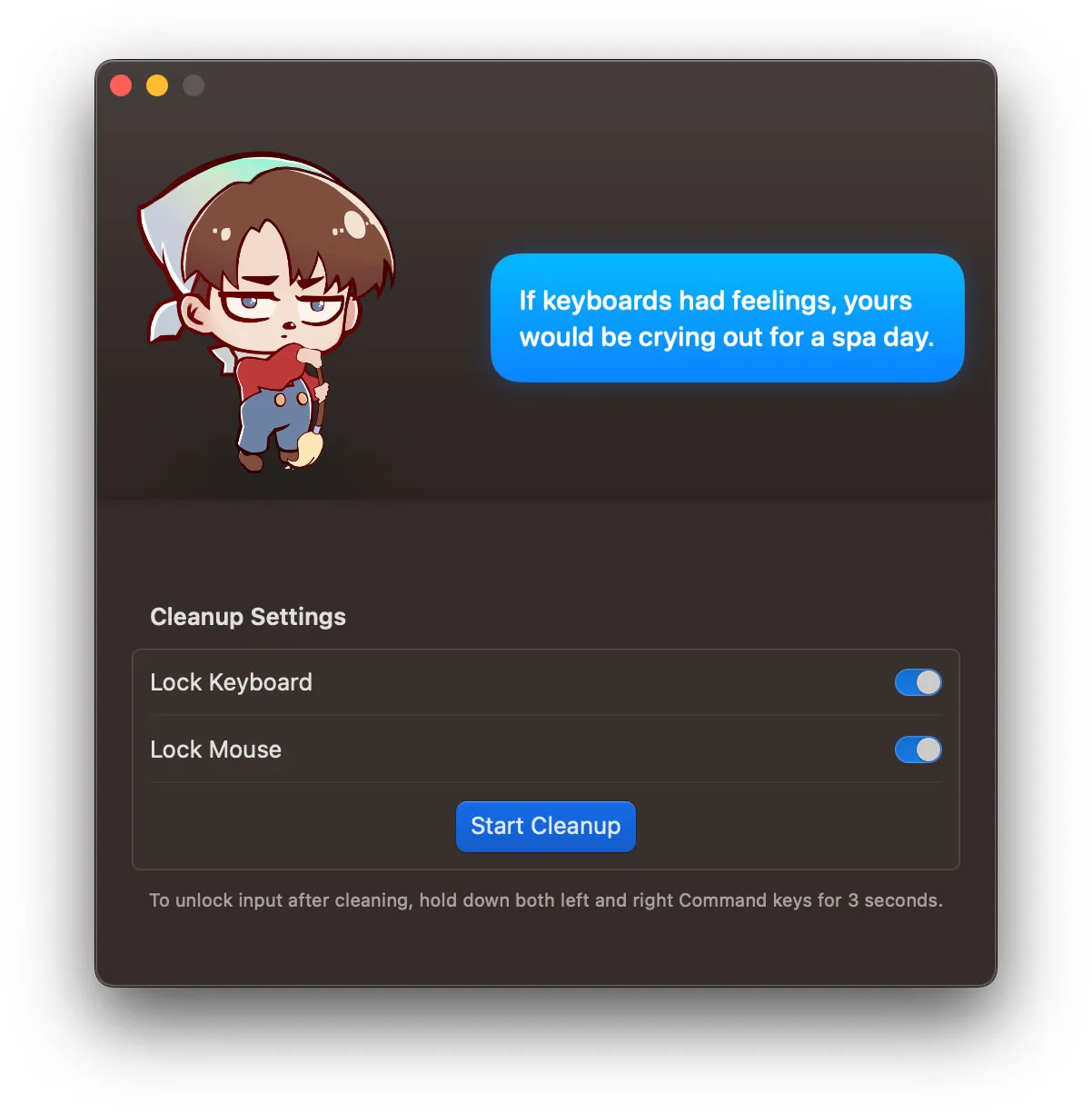 CleanupBuddy blocca tastiera e trackpad del Mac per consentire di fare pulizie CleanupBuddy blocca tastiera e trackpad del Mac per consentire di fare pulizie