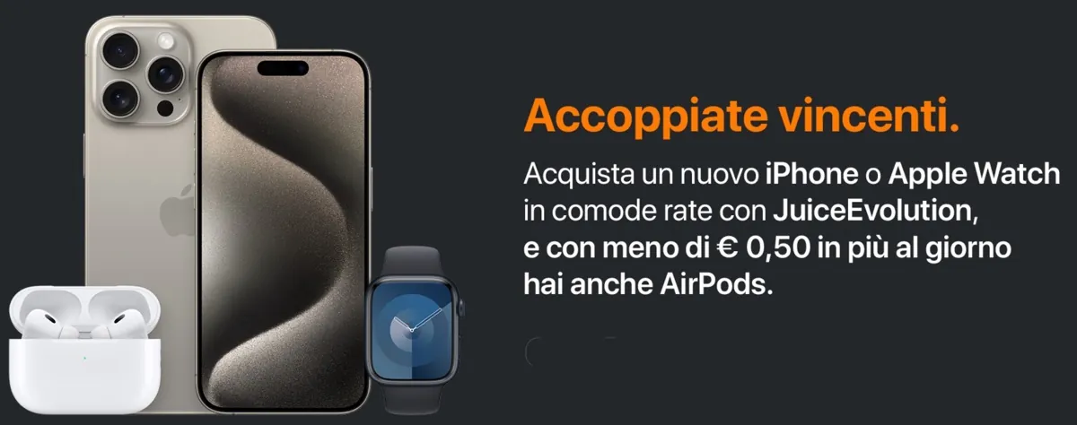 Da Juice iPhone e Apple Watch a rate, più AirPods aggiungendo 0,50€ al giorno Da Juice iPhone e Apple Watch a rate, più AirPods aggiungendo 0,50€ al giorno