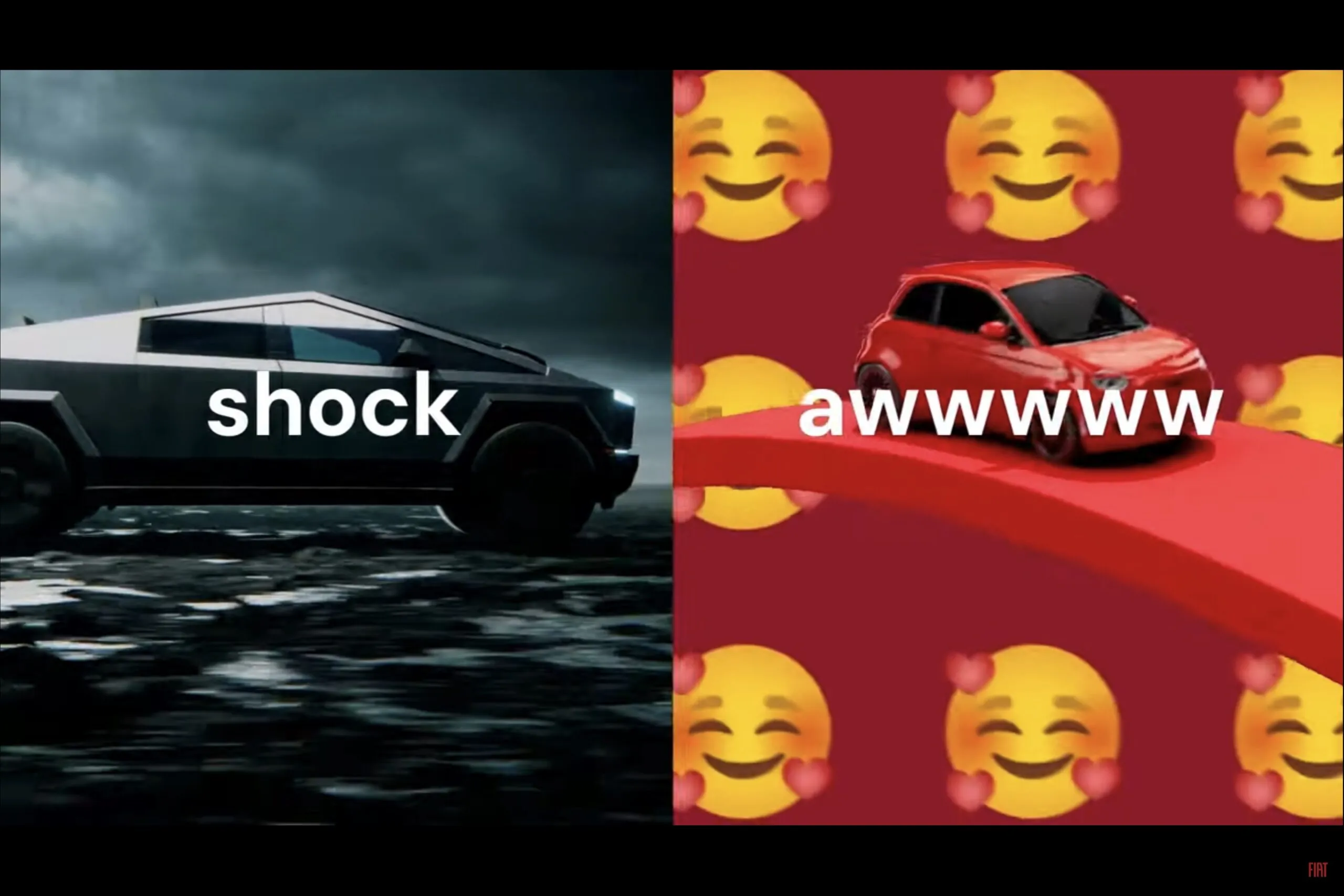 FIAT 500 sfida Tesla Cybertruck nello spot USA FIAT 500 sfida Tesla Cybertruck nello spot USA