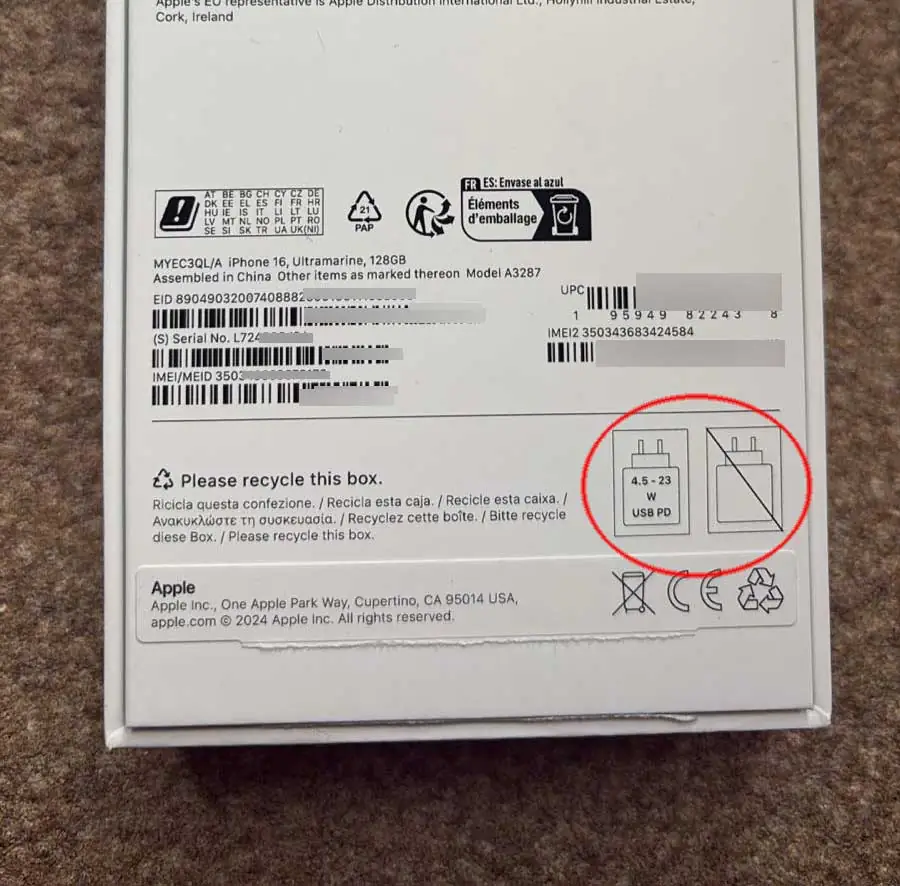 Es di pittogrammi sulla scatola di iPhone 16 Caricabatterie universale, nuovi pittogrammi sulle scatole dei prodotti Apple - macitynet.it