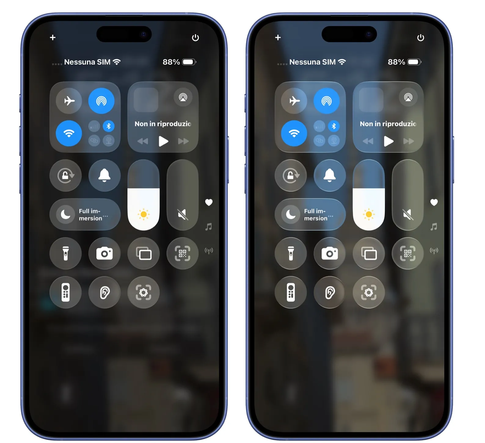 macitynet.it A sinistra l'effetto trasparenza attenuato da iOS 26.1 a destra quello originale. La differenza è modesta