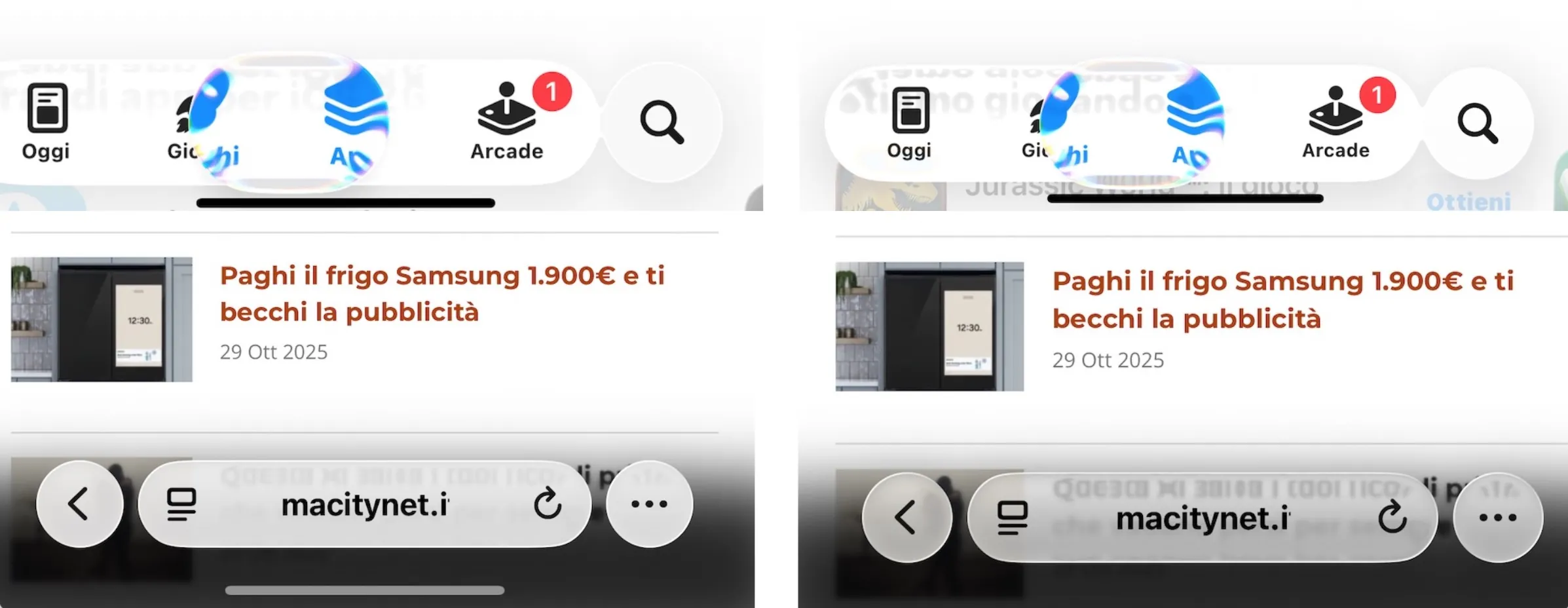 macitynet.it Effetto trasparenza sui menù in iOS 26.1